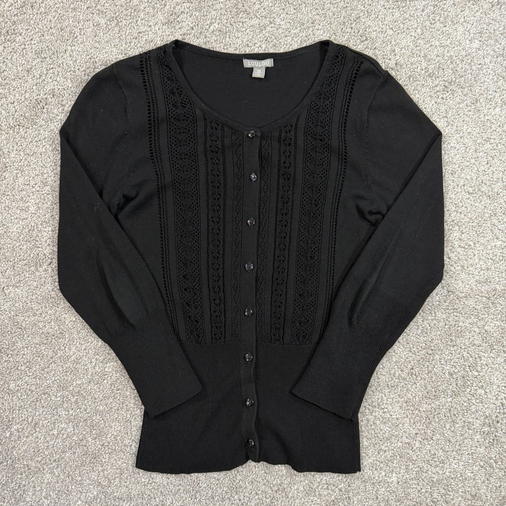 LouLou‎ Lace Knit Cardigan XS Black Button Front Lightweight Sweater Classic